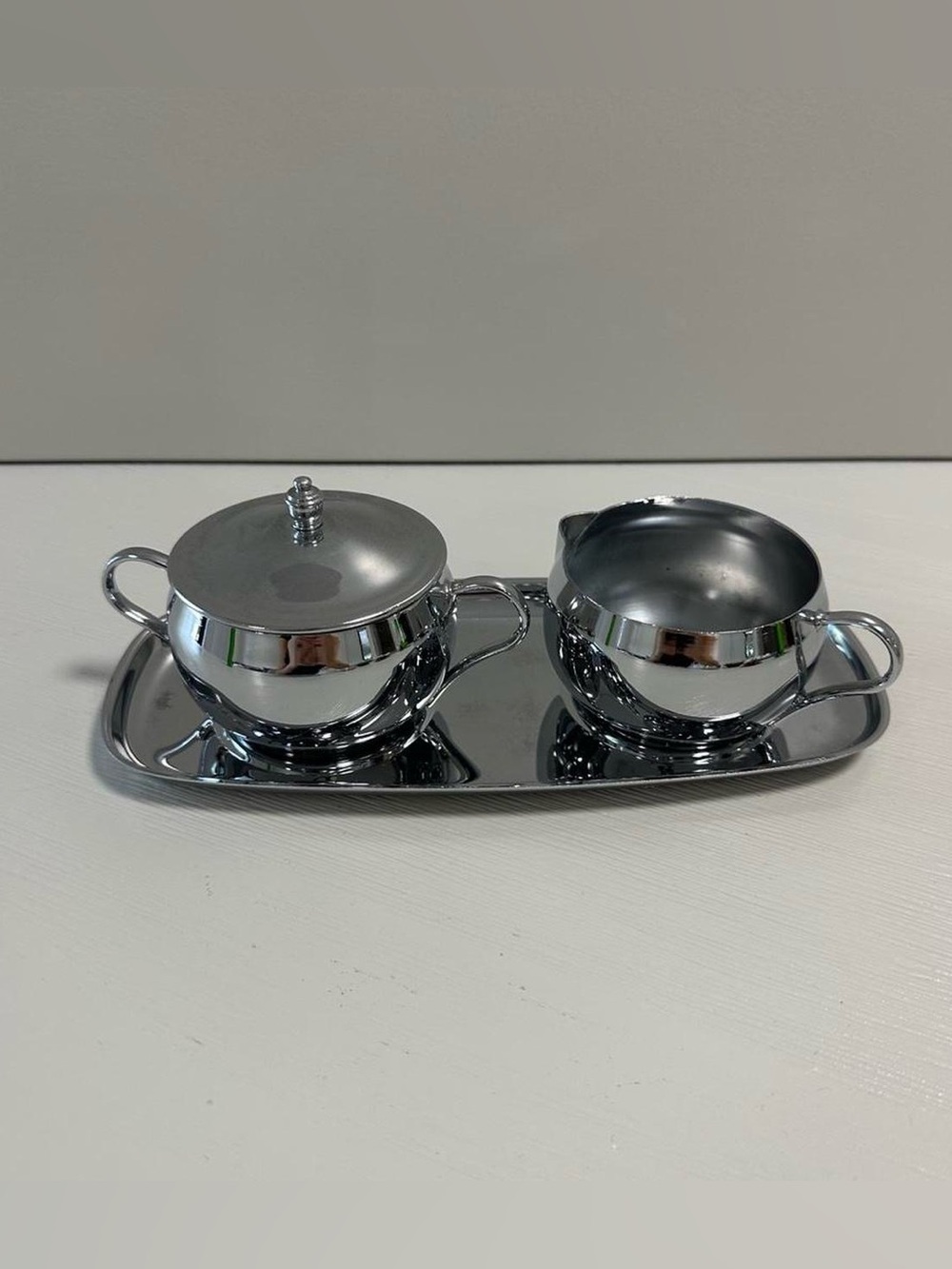 Vintage Polished Silver Creamer and Lidded Sugar Set with Tray